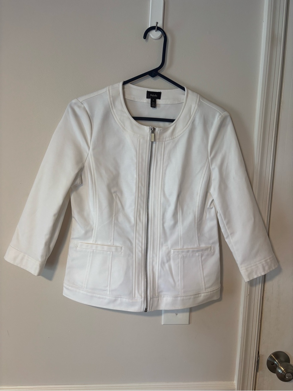 Rafaella White Zip Front Career Jacket Blazer Women's Size 4 Stretch 3/4 Sleeve